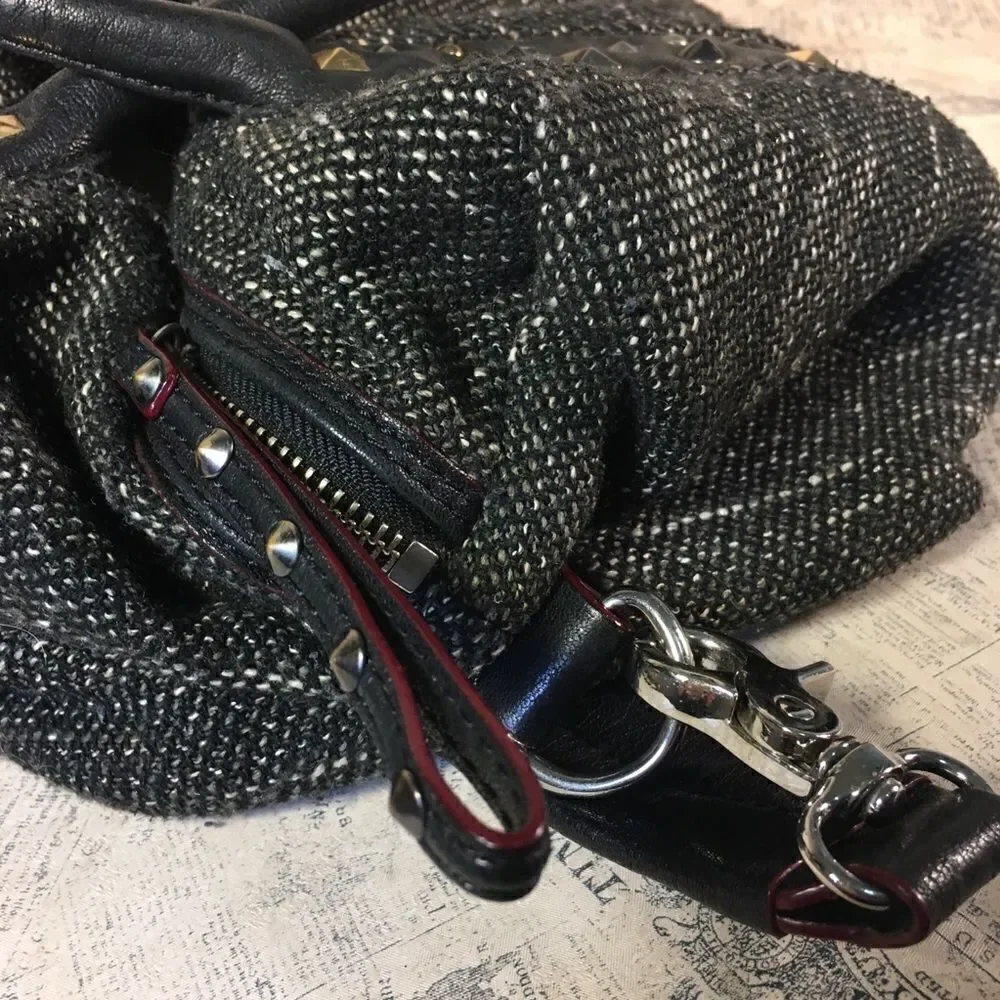 MZ Wallace Lillian Draper Tweed Satchel Leather Trim Studded Shoulder Bag